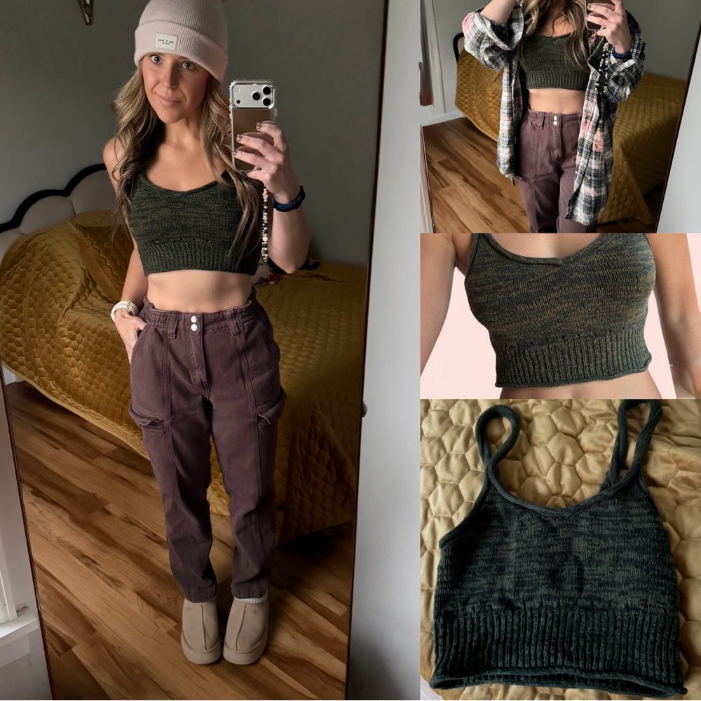 UO urban outfitters Dark Green marled Knit Crop Top sweater ribbed xs